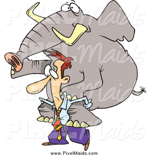 Clipart Of A Struggling Businessman Giving An Elephant A Piggy Back