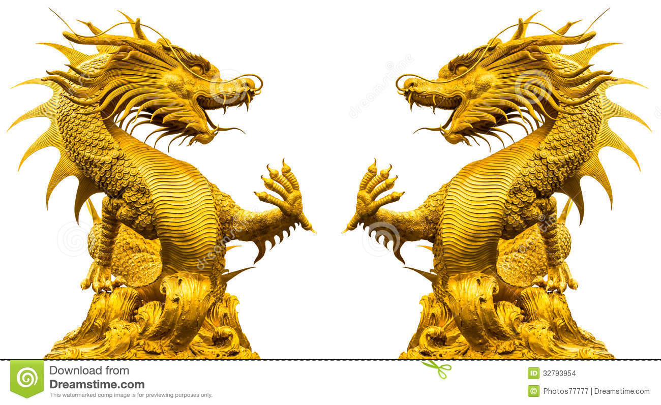 Double Golden Dragon Statue At Isolated On White Background 