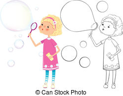 Girl With Soap Bubbles   Color And Outline Illustration