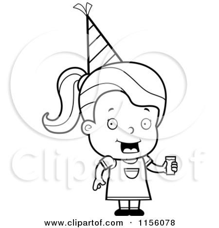 Cartoon Clipart Of A Black And White Cute Birthday Girl Wearing A Hat