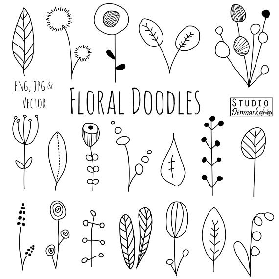 Doodle Flowers Clipart And Vectors   Hand Drawn Flower And Leaf    