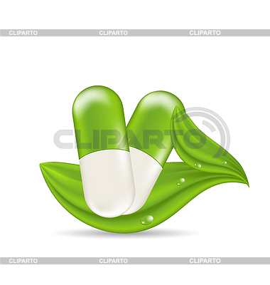 Illustration Natural Medical Pills With Green Leaves Isolated On