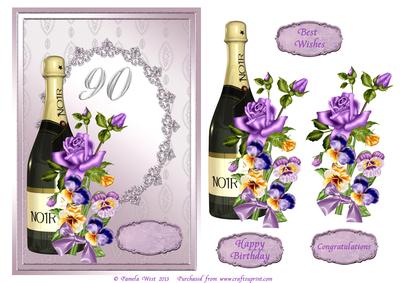 Champagne And Flowers 90th Birthday Decoupage Card  Comes W By Pamela