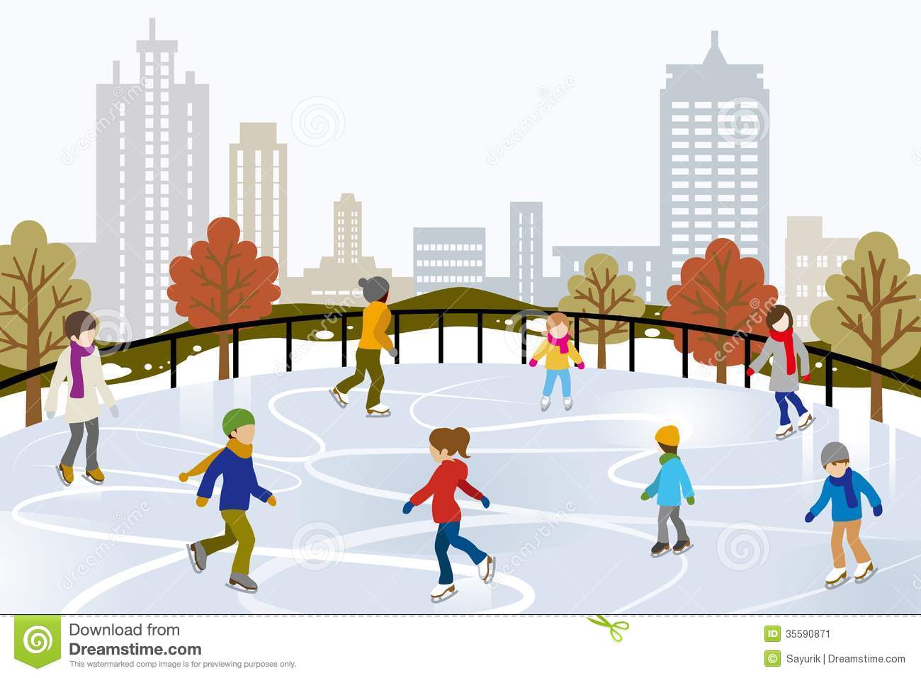 Illustration Of People Who Ice Skating On Urban Ice Rink