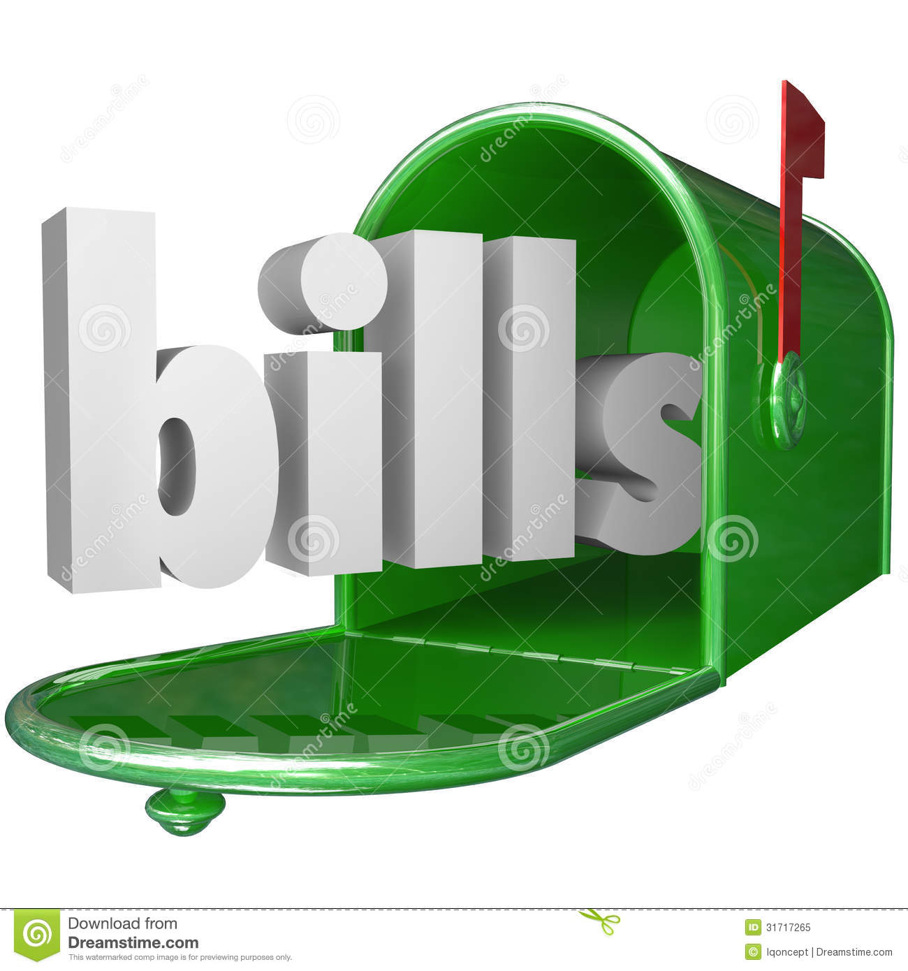 Bills Word In Mailbox Paying Down Debt Credit Card Payment Royalty