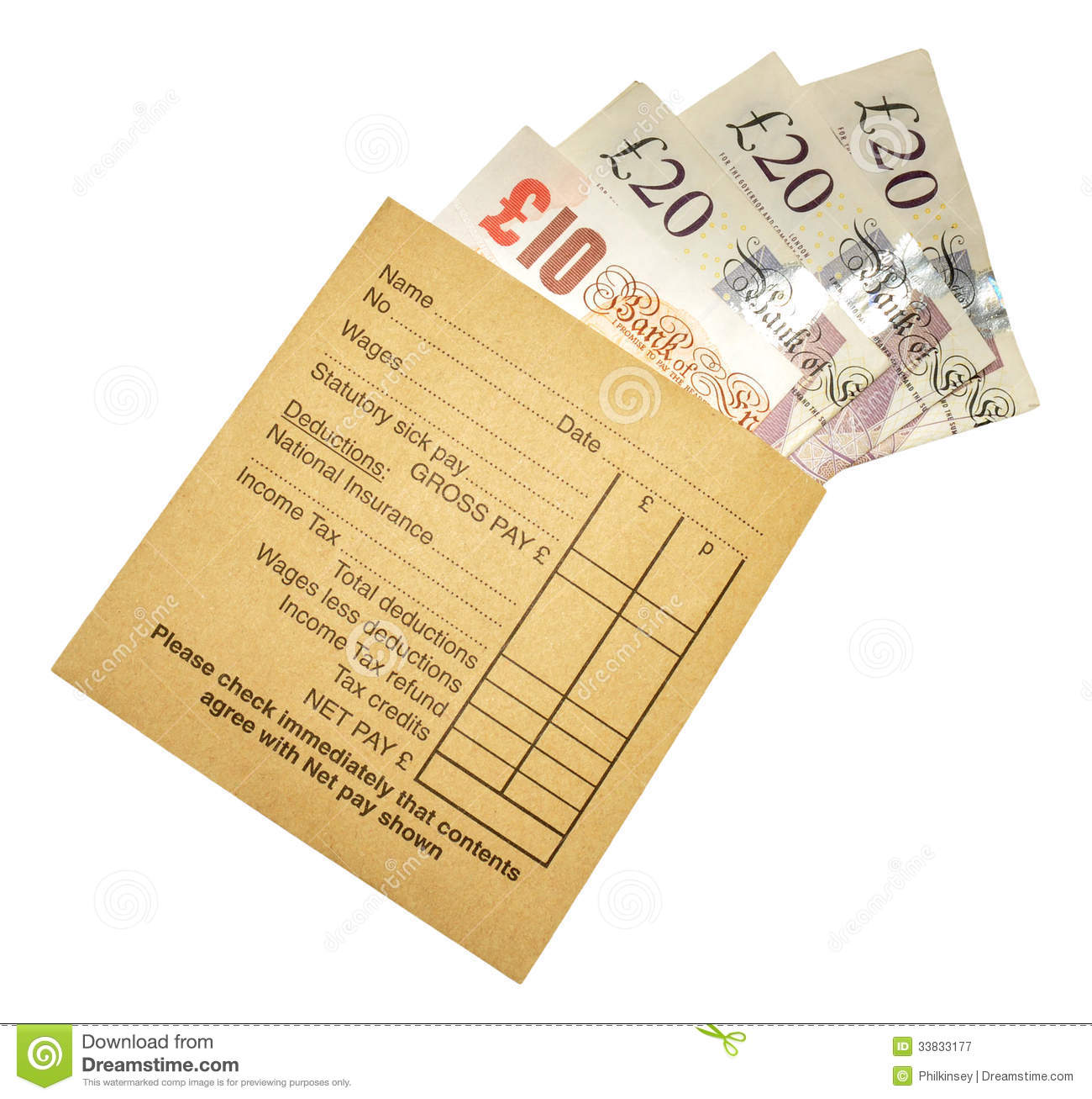 Brown Manila Salary Envelope With English Ten And Twenty Pound Bank
