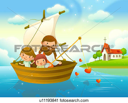 Clipart Of Jesus Christ With Two Children Fishing In A River U11193841
