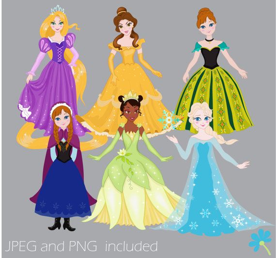 Digital Clipart Set Disney Princess   Rapunzel Belle Anna Tiana E    