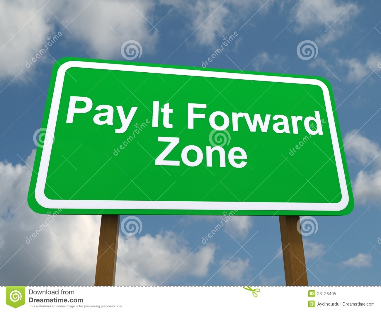 Green Play It Forward Zone Sign With Blue Sky And Cloudscape