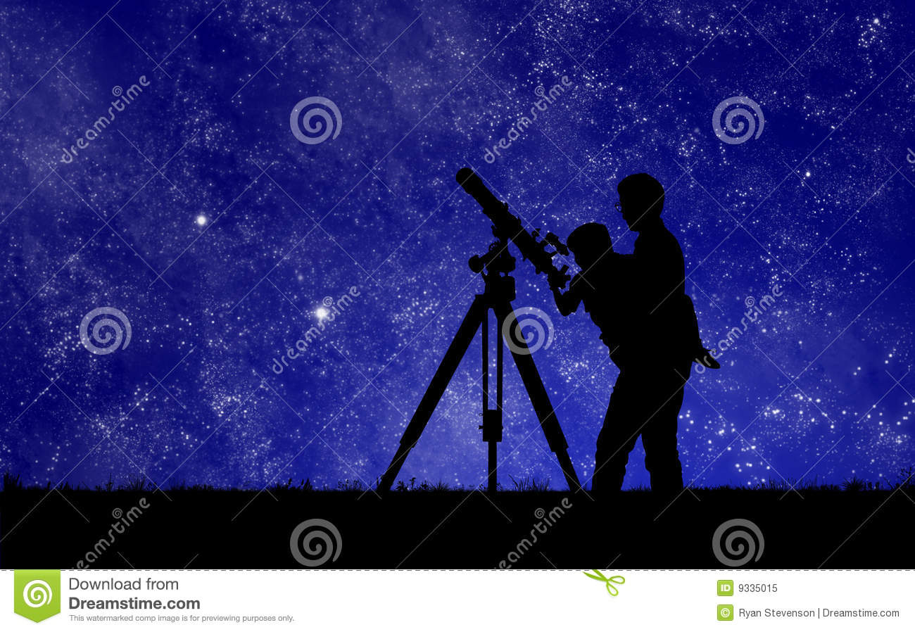 Man Showing His Child The Midnight Stars Through A Telescope 