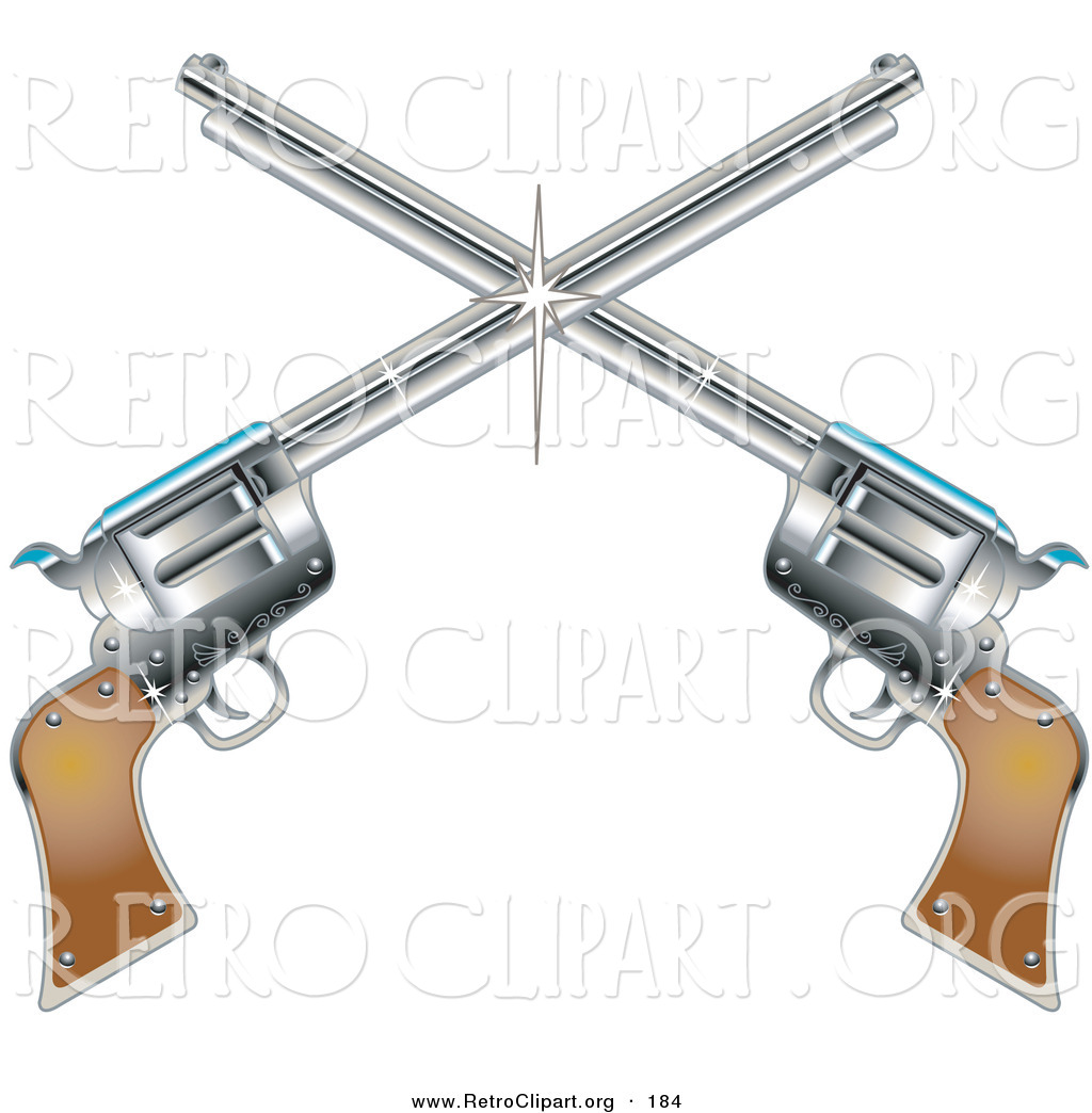 Retro Clipart Of Two Shiny Pistol Guns Forming A Cross Over A Solid    