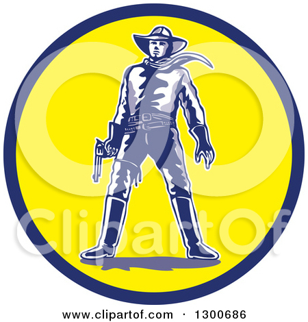 Standing Western Cowboy Holding A Pistol In A Blue And Yellow Circle