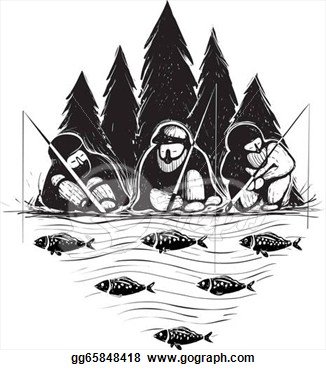 Three Fisherman Sitting On River Bank With Rods  Eps Clipart