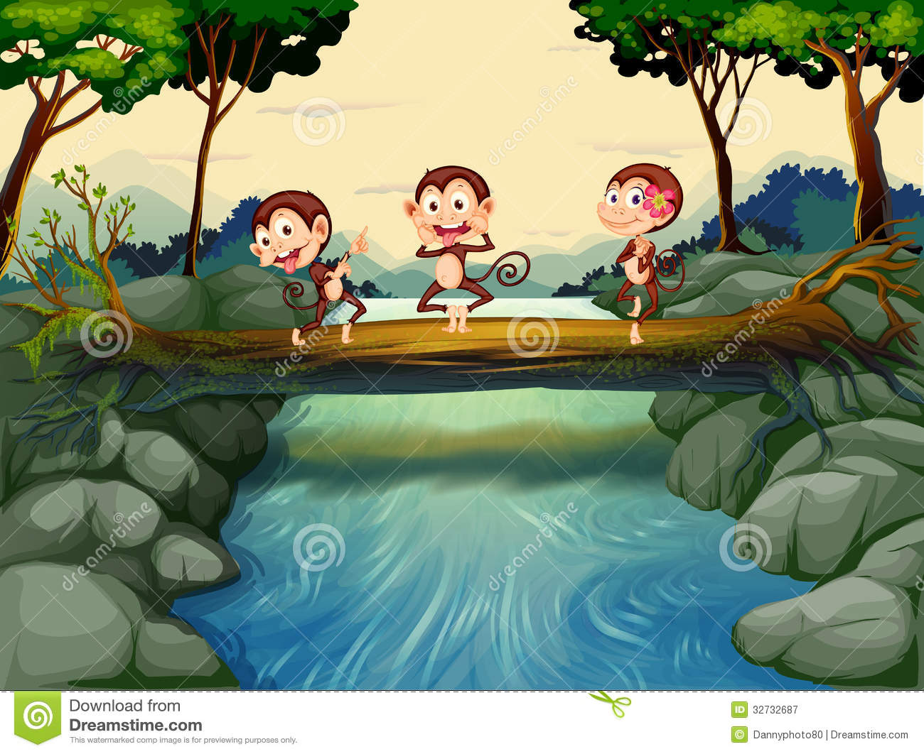 Three Monkeys Crossing The River Royalty Free Stock Photography