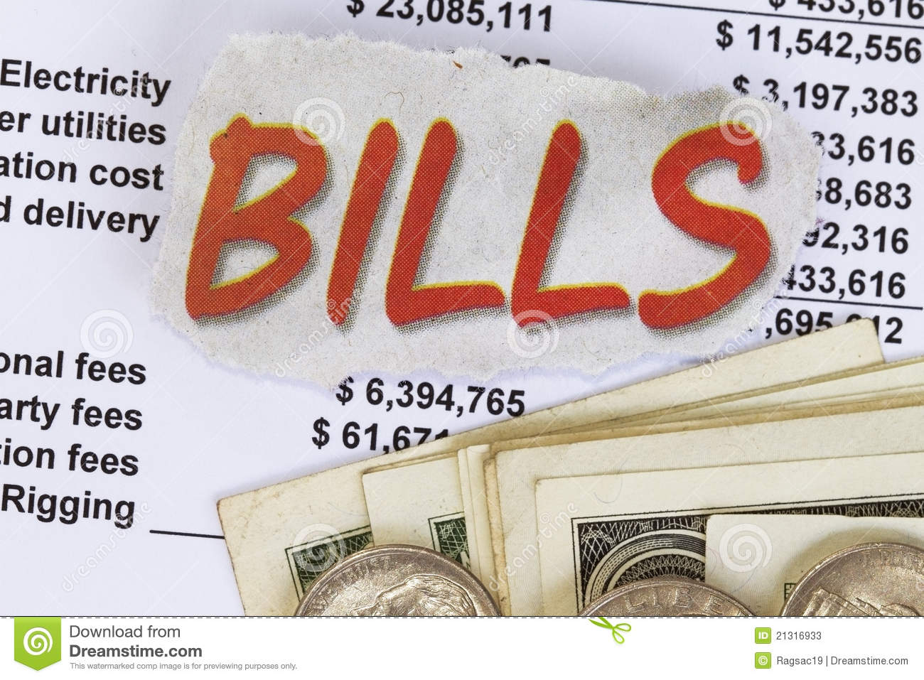 Utilities Bills And Calculations With Dollars And Coins