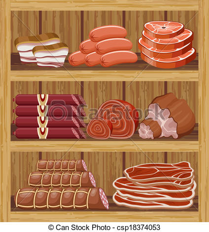 Vector   Shelfs With Meat Products  Meat Market    Stock Illustration