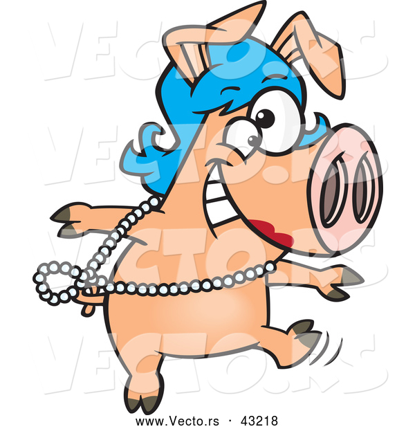 Cartoon Dancing Pig Wearing A Wig Pearl Necklace And Red Lipstick