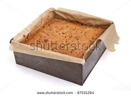 Square Christmas Fruit Cake In Baking Tin Just Removed From Oven    