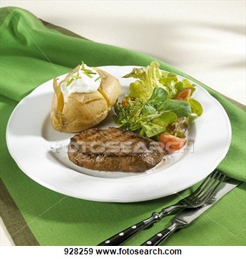 Stock Photograph   Beef Steak With Baked Potato And Salad  Fotosearch    