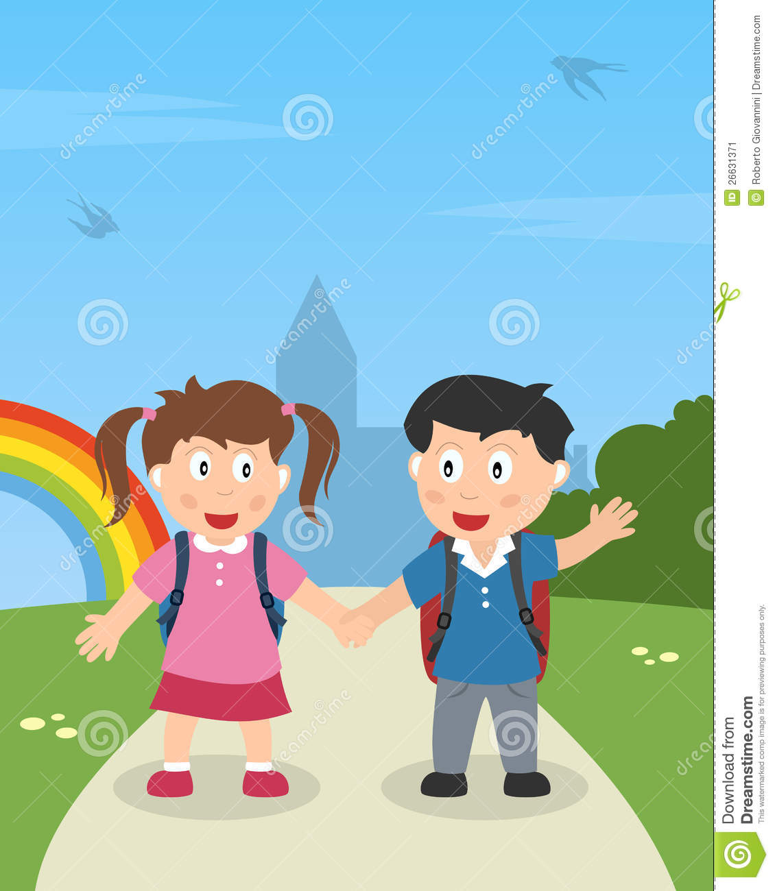 Two School Kids With Schoolbags Holding Hands And Walking In A Park    