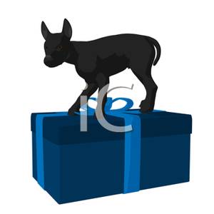 Black Dog Standing Ontop Of A Christmas Present   Royalty Free Clipart
