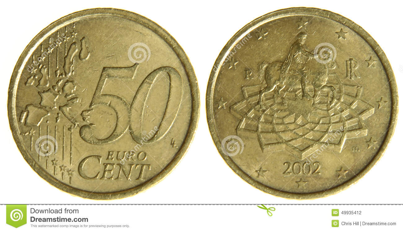 Both Sides Of A 2002 50 Euro Cent Coin Isolated On A White Background    
