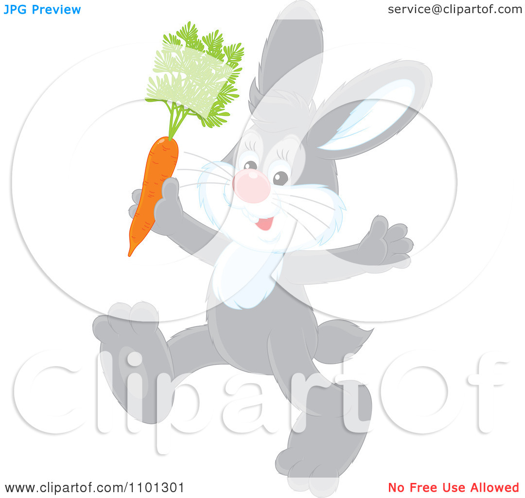 Clipart Happy Gray Rabbit Running With A Carrot   Royalty Free Vector