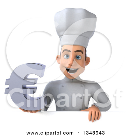 Clipart Of A 3d Young White Male Chef Holding A Euro Symbol Over A    