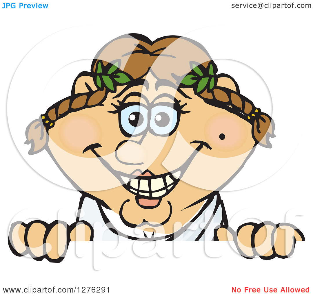 Clipart Of A Happy Greek Woman In A Toga Peeking Over A Sign