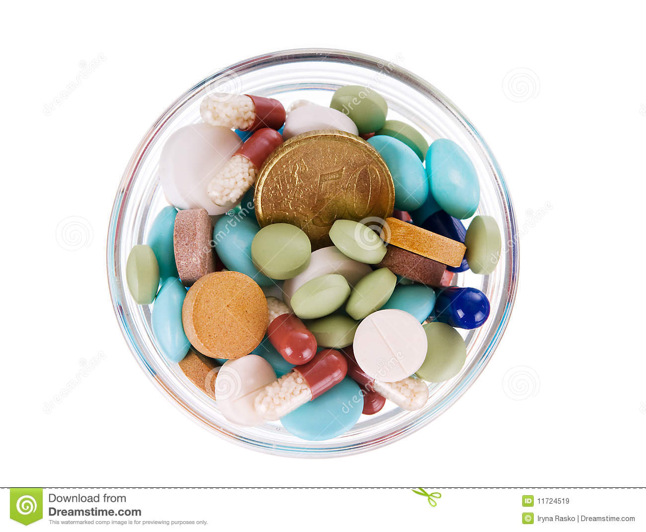 Fifty Euro Cents In Saucer Full Of Pills Royalty Free Stock Images    