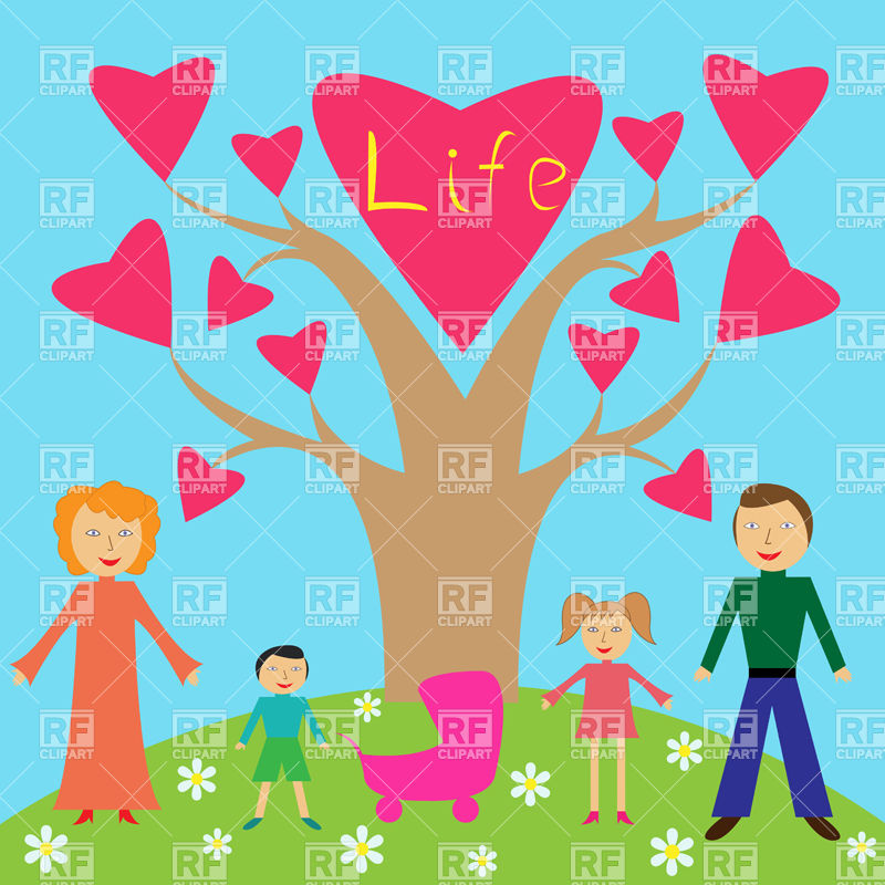 Happy Family Against The Life Tree With Hearts Download Royalty Free    