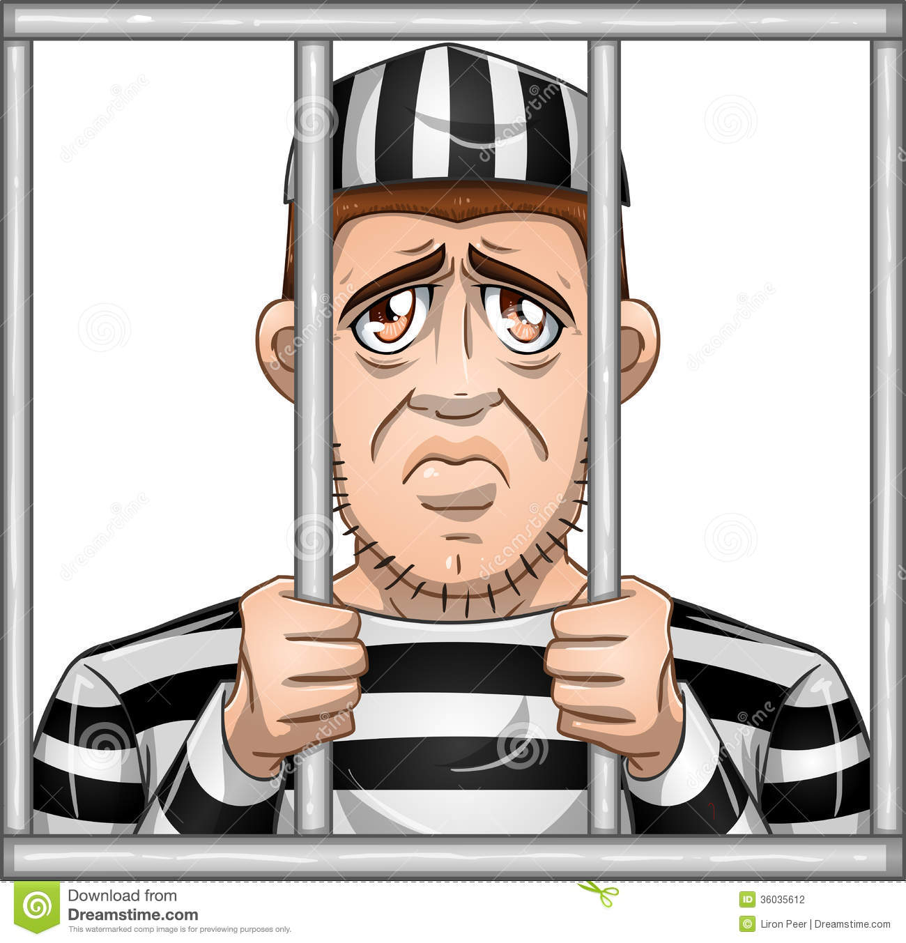 Vector Illustration Of A Sad Prisoner Locked In Jail Behind Bars
