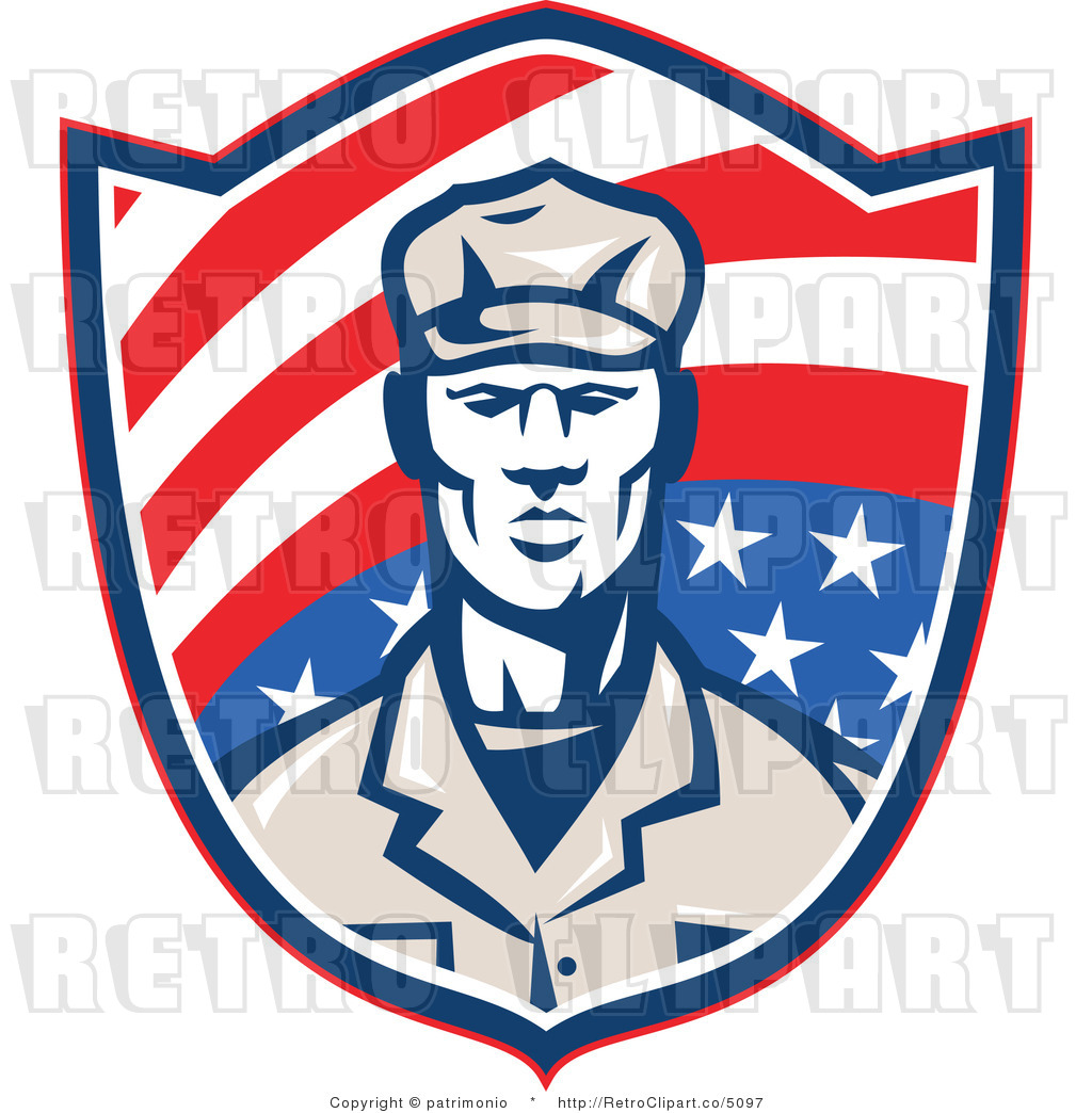 Vector Retro Clipart Of An American Soldier On A Usa Flag Shield By