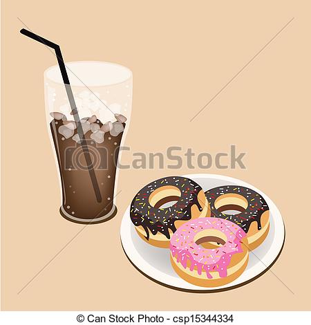 Vectors Of A Delicious Iced Coffee With Glazed Donuts   Coffee Time A    