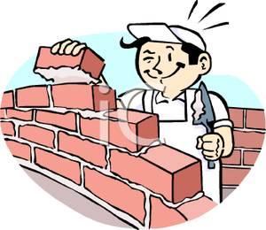 Cartoon Bricklayer At Work Building A Brick Wall Clipart Image