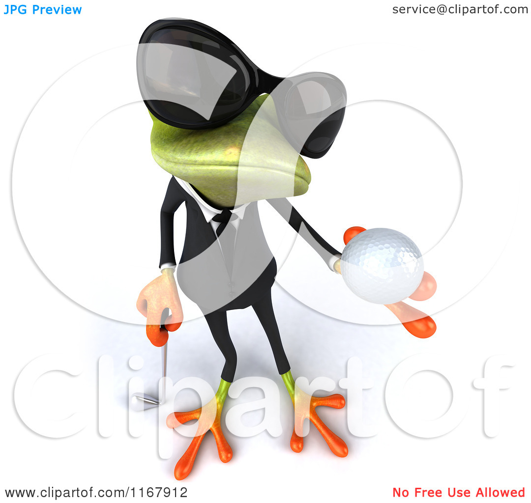 Clipart Of A 3d Formal Frog With Sunglasses And Holding A Golf Ball