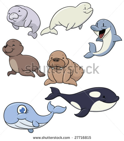 Cute Cartoon Sea Mammals  All In Different Layers For Easy Editing