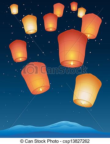 Sky Lanterns With Bright Flames Floating Away Into A Starry Night Sky