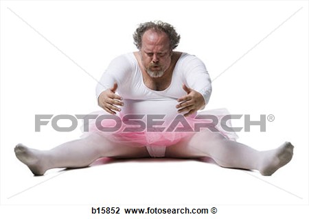 Stock Photo Of Obese Man In Tutu Sitting And Reaching Forward B15852    