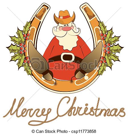 Vector   Santa In Cowboy Shoes Sit On Lucky Horseshoe Vector Isolated
