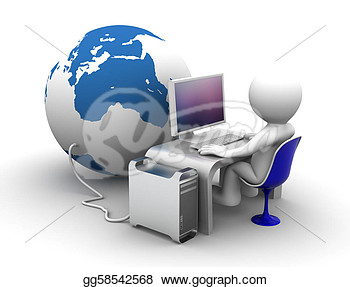 3d Character Working On Computer Connectet To Globe  Clipart