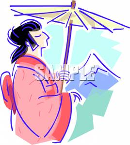 Clipart Image  An Asian Woman With A Parasol With A Mountain In The