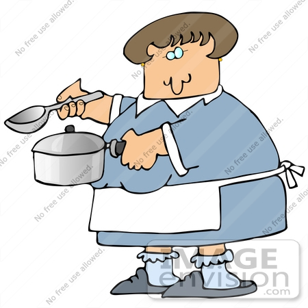 Clipart Of A Caucasian Lady Holding A Spoon And Pot While Cooking Soup    