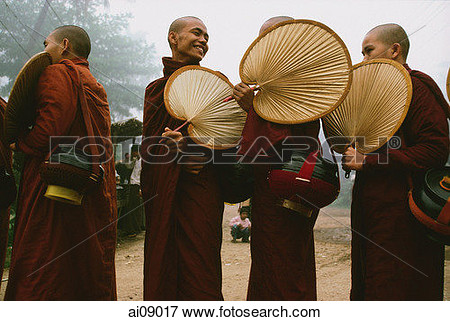 Myanmar  Burma  Bago Smiling Buddhist Monks With Fans Collecting