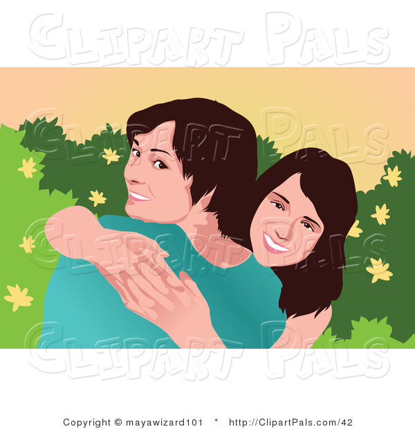 Pal Vector Clipart Of Two Brunette Sisters Smiling And Hugging By