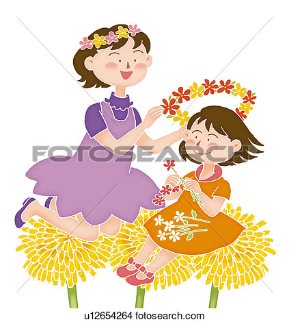 Two Sisters Playing With Flowers Illustration View Large Illustration