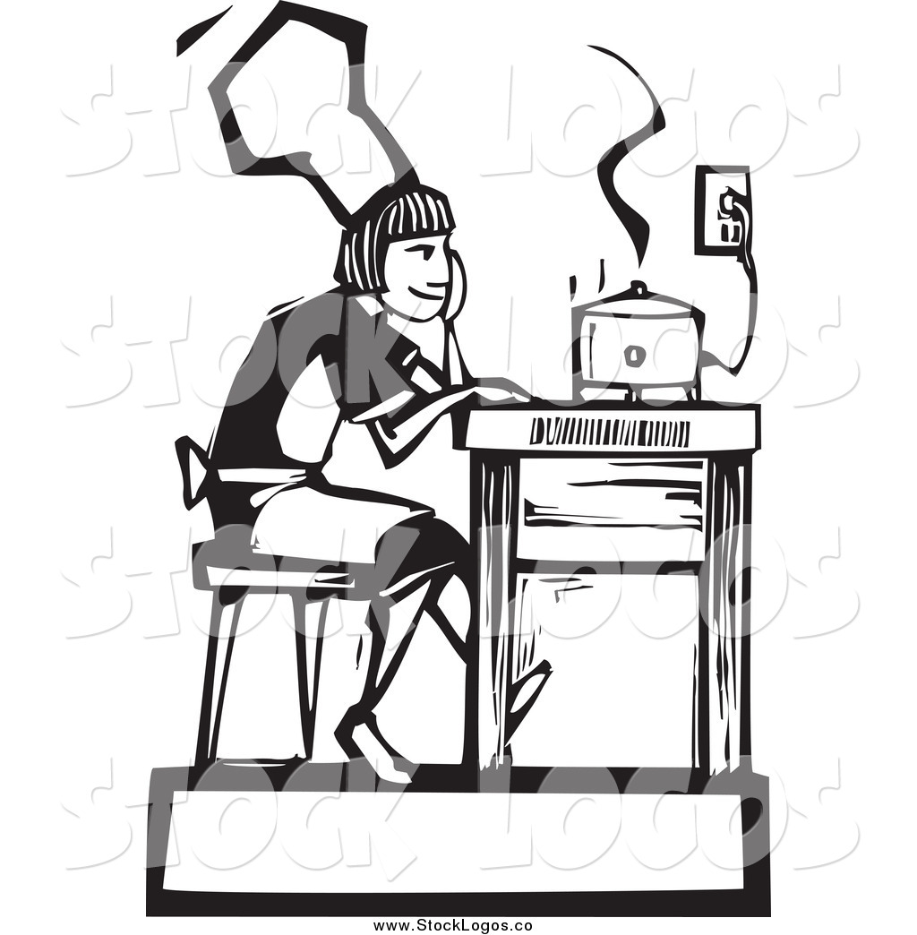 Black And White Woodcut Cooking Girl Waiting By A Slow Cooker Logo