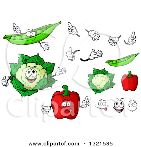 Clipart Of Cartoon Pea Cauliflower And Red Bell Pepper Characters