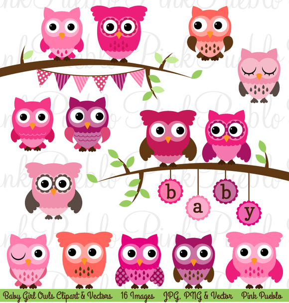 Girl Baby Shower Owl Clipart Vector   Illustrations On Creative Market