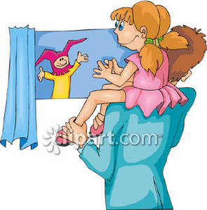 Her Dad S Shoulders At A Puppet Show   Royalty Free Clipart Picture